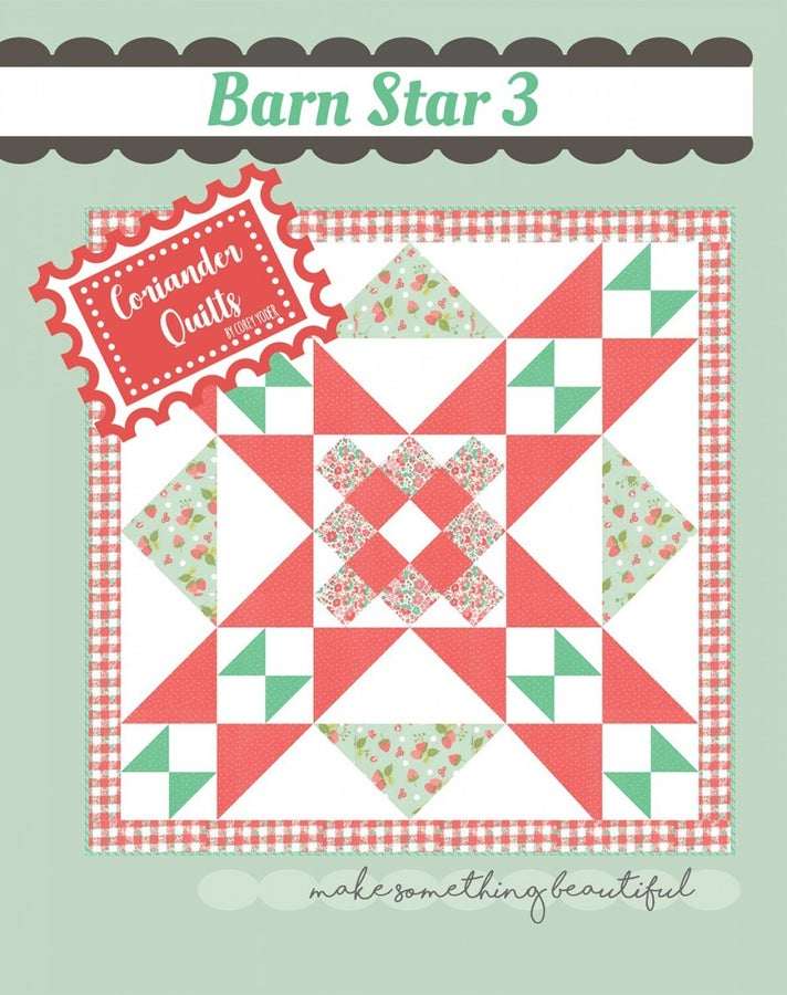 Barn Star 3 Quilt Pattern wall hanging design by Coriander Quilts with red, green, and floral patchwork elements