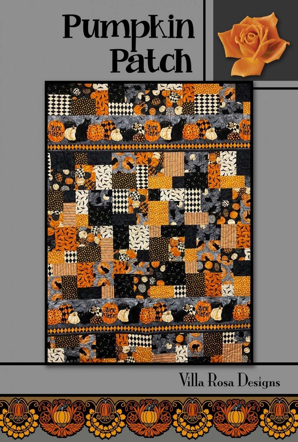 Pumpkin Patch quilt pattern card by Villa Rosa Designs featuring orange and black patchwork with pumpkins and Halloween motifs