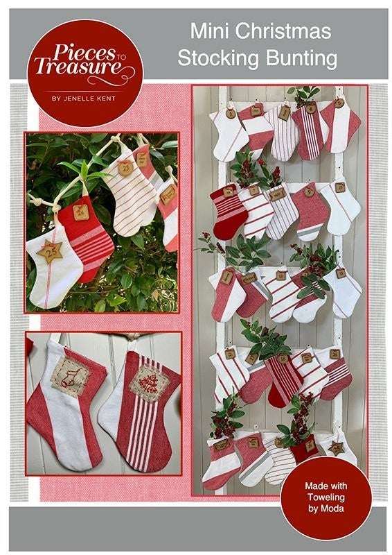 Mini Christmas Stocking Bunting made with tea toweling in red and white colors, perfect for holiday decoration or advent calendar use.