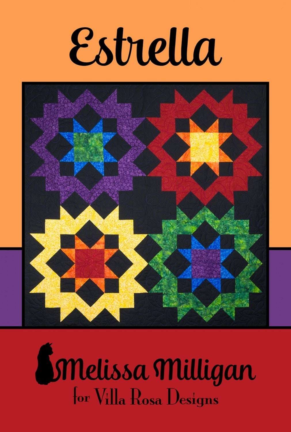 Estrella quilt pattern by Villa Rosa Designs with colorful star blocks, 52x52 inches finished size