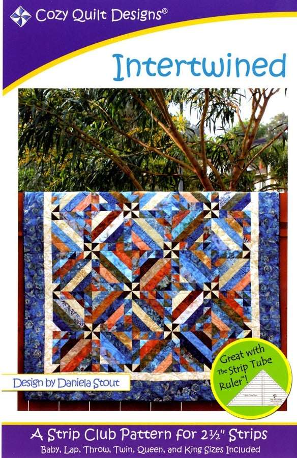 Cozy Quilt Designs Intertwined quilt pattern featuring strip fabrics and pinwheel blocks in blue and brown tones