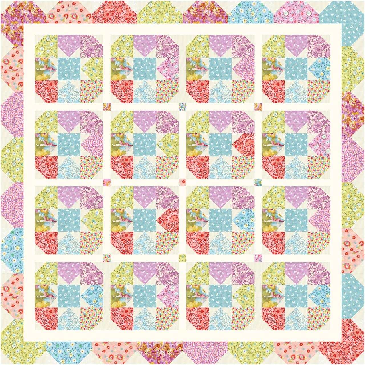 Charming Quilt Kit with colorful floral blocks and Jolie fabric by Chez Moi for Moda
