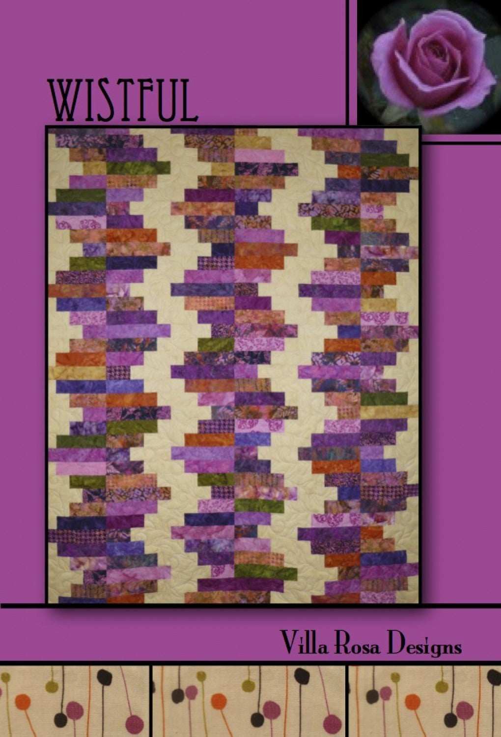 Wistful from Villa Rosa Designs quilt pattern card with purple and green patchwork design, 57x72 inches finished size