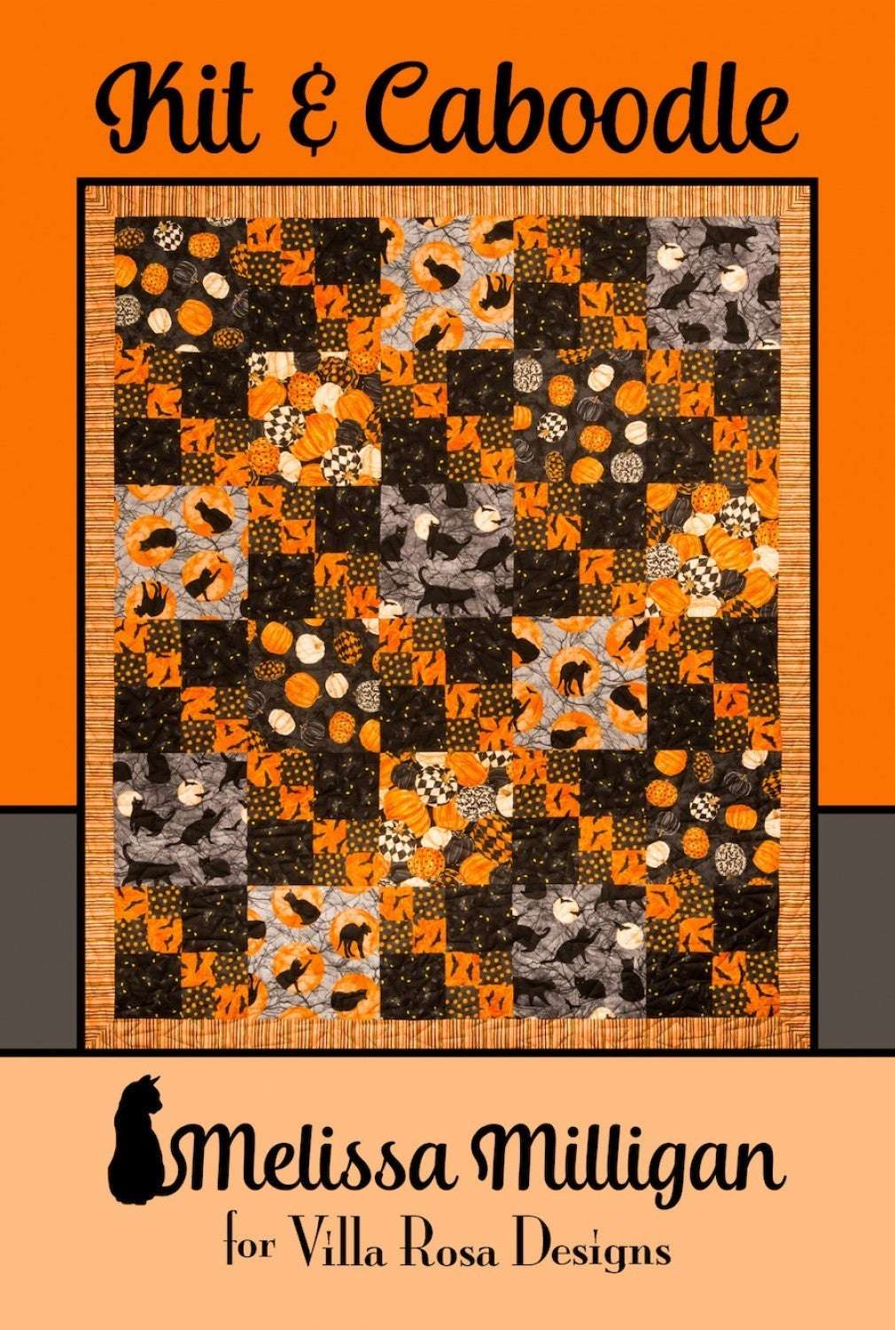 Kit & Caboodle quilt pattern card by Villa Rosa Designs with orange, black, and gray fabric squares.