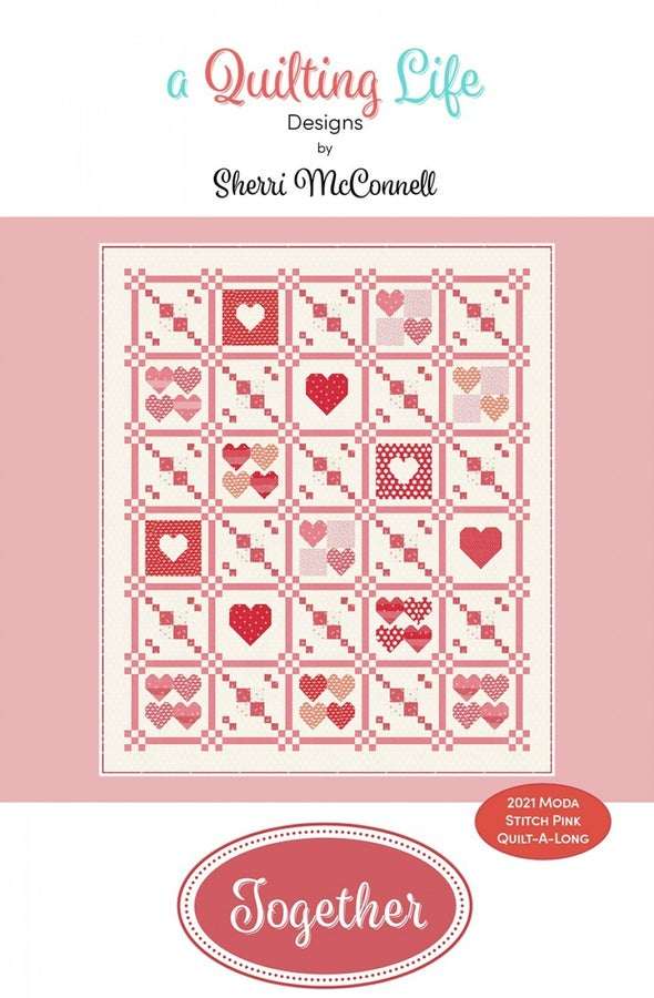 Together Quilt Pattern featuring hearts and blocks in pink and red tones, 64.5x75.5 inches quilt design
