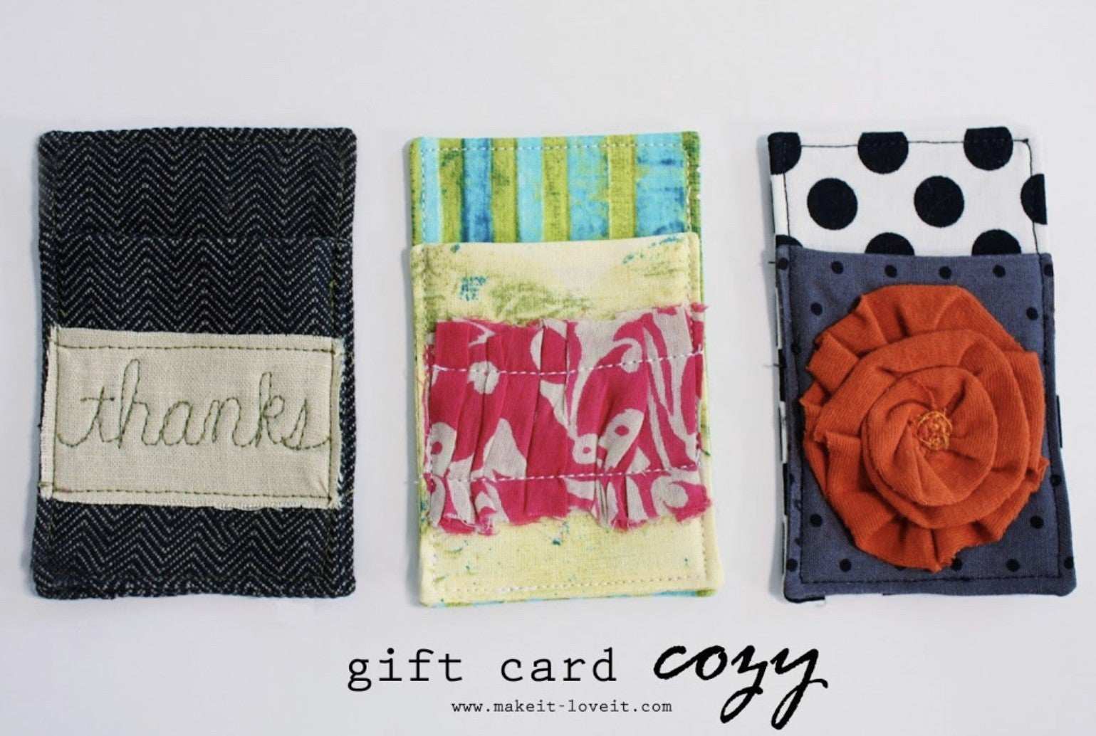 Gift Card Cozy fabric holders with unique decorative designs by Brianna Roberts for Sew Cute and Quirky