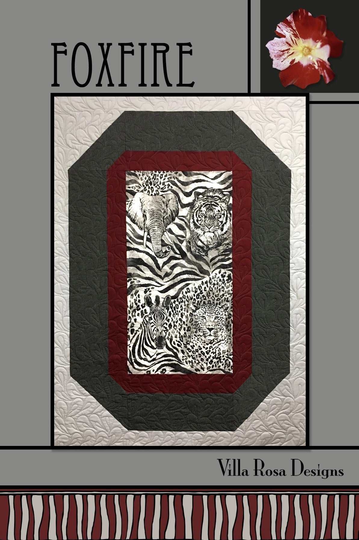Foxfire by Villa Rosa Designs quilt pattern card with animal print and geometric borders