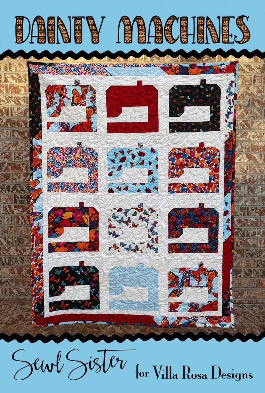 Dainty Machines quilt pattern card by Villa Rosa Designs featuring colorful sewing machine blocks and quilting details