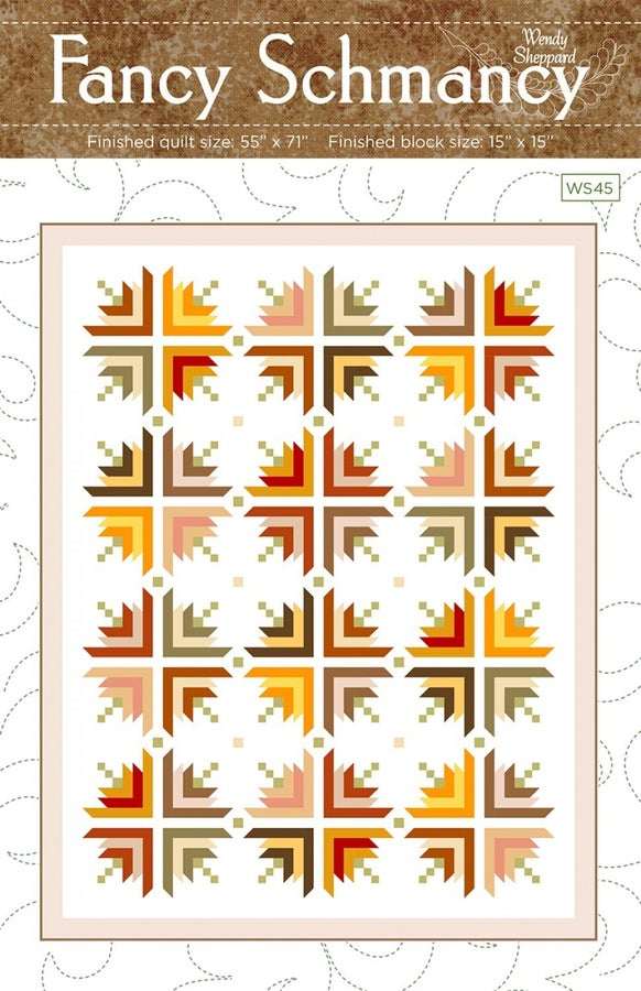 Fancy Schmancy Quilt Pattern by Wendy Sheppard with autumn-colored geometric blocks, 55x71 inch quilt design, fat-quarter friendly