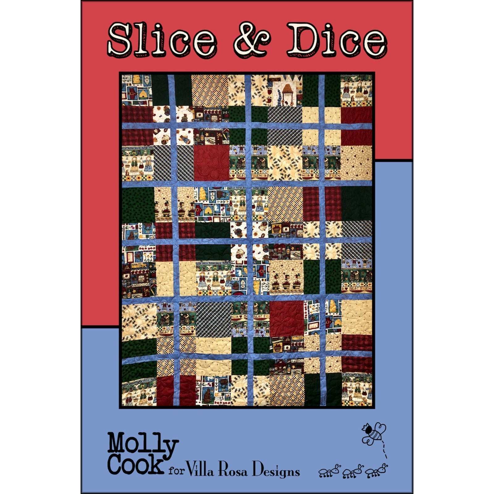 Slice & Dice Quilt Pattern by Molly Cook featuring a 59x78 inch colorful patchwork quilt design using 16 Fat Quarters