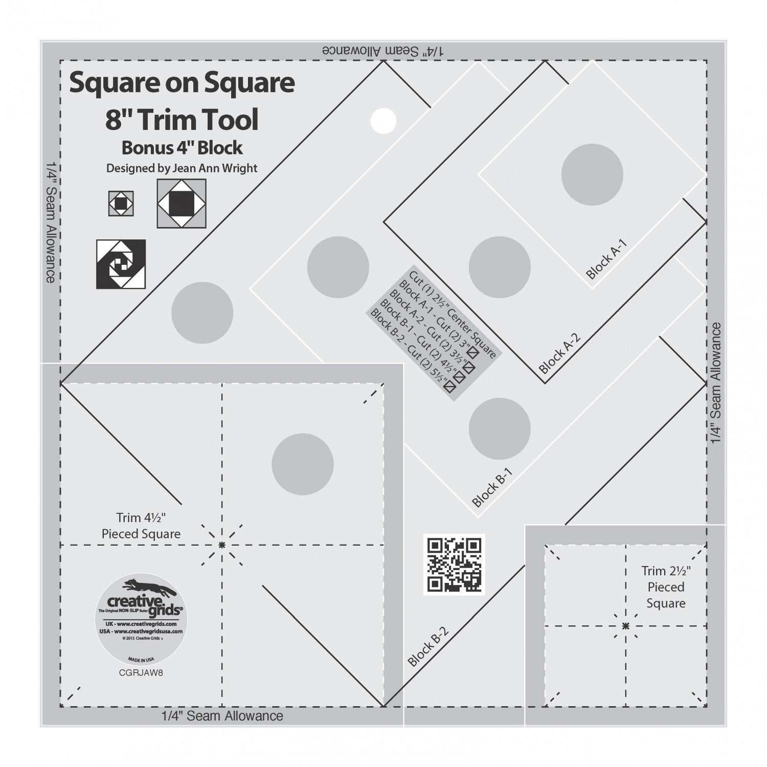 Creative Grids Square on Square Trim Tool for 4" and 8" quilt blocks with printed measurements and seam allowances