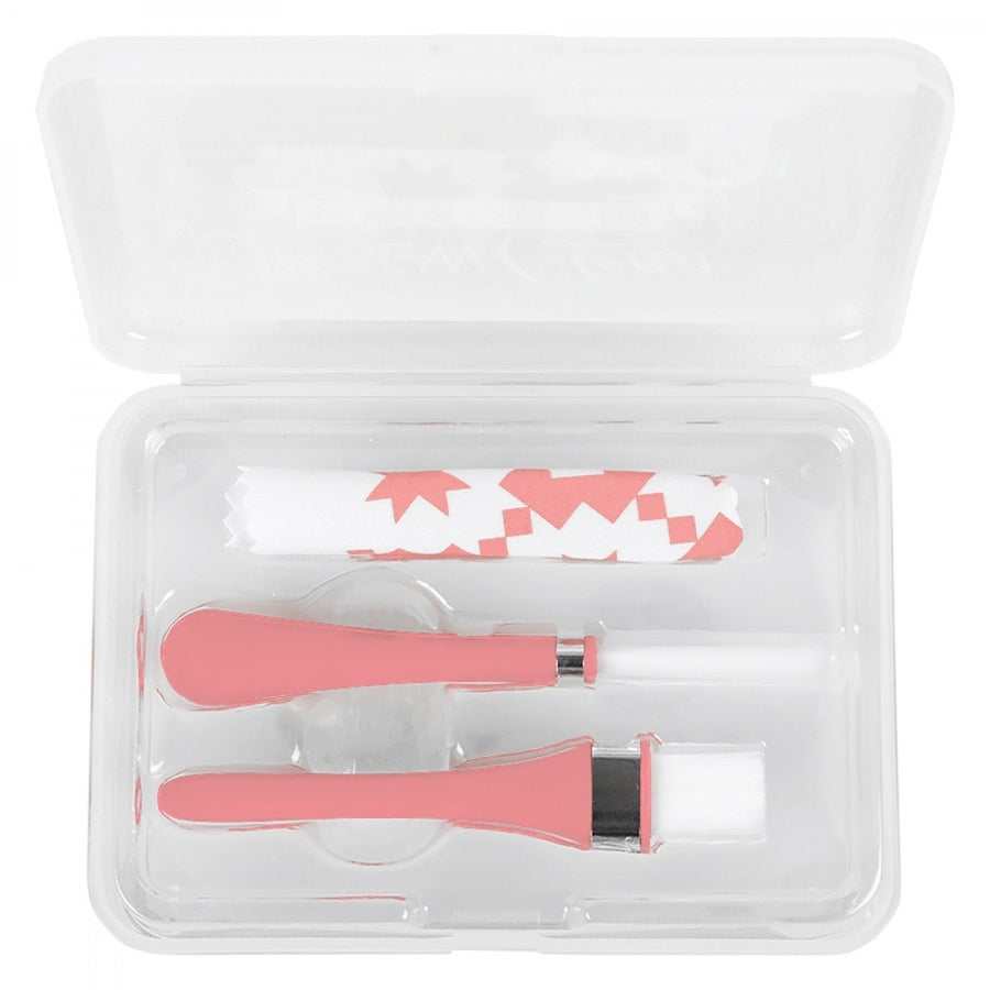 Oh Sew Clean pink brush and microfiber cloth set in clear case for lint removal and screen cleaning