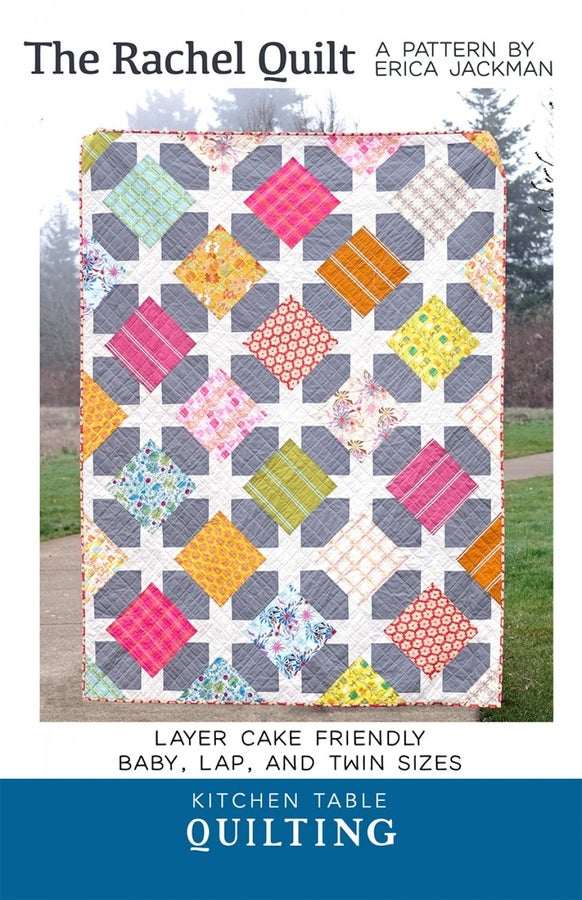 The Rachel Quilt pattern by Erica Jackman featuring colorful geometric patchwork in baby, lap, and twin sizes