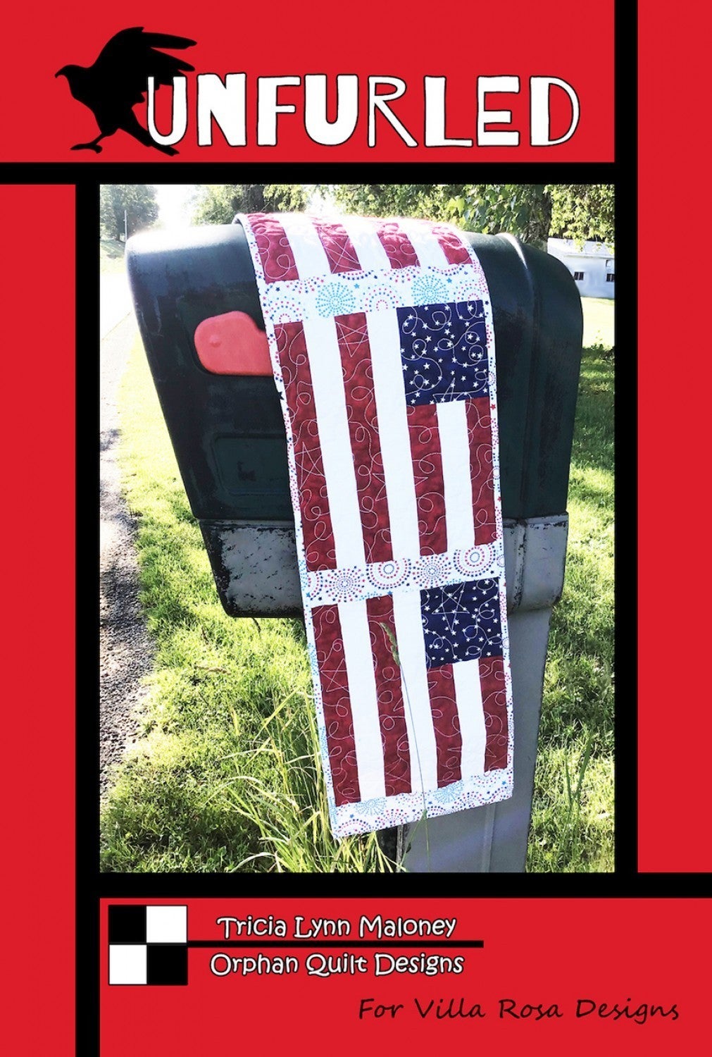 Unfurled by Tricia Lynn Maloney quilted table runner draped over mailbox with red, white, and blue fabric pattern