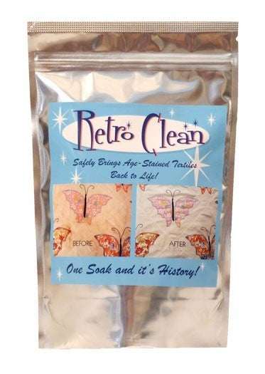 Retro Clean 1# bag for safely cleaning age-stained textiles with before and after results displayed