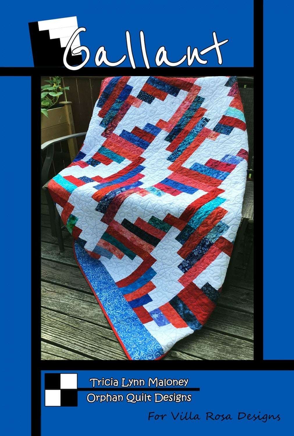 Gallant by Villa Rosa quilt pattern card featuring a colorful 60x70 inch quilt with red, blue, and white geometric design