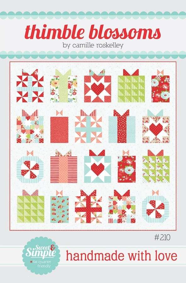 Handmade with Love quilt pattern featuring colorful gift and heart blocks by Thimble Blossoms