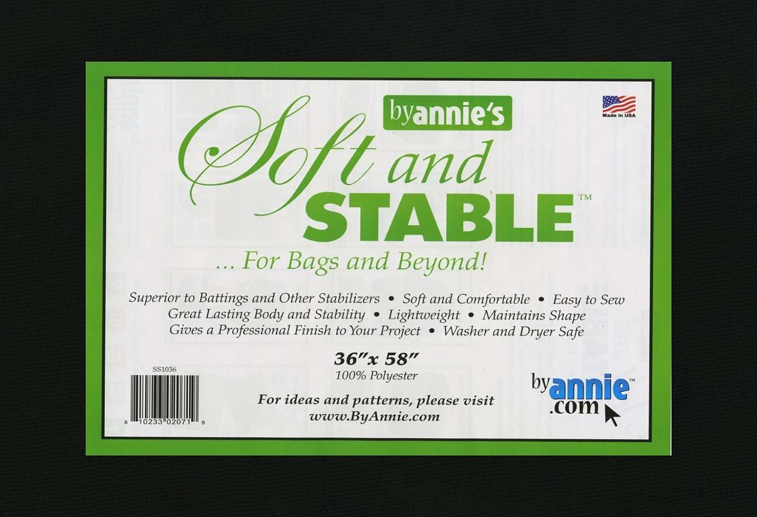 ByAnnie Soft and Stable black polyester stabilizer 36x58 inches for bags and totes