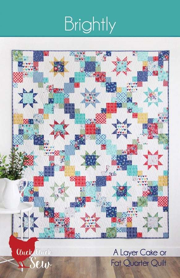 Brightly Quilt Pattern featuring colorful star and square blocks, 60x72 inches, Layer Cake or Fat Quarter friendly design by Cluck Cluck Sew