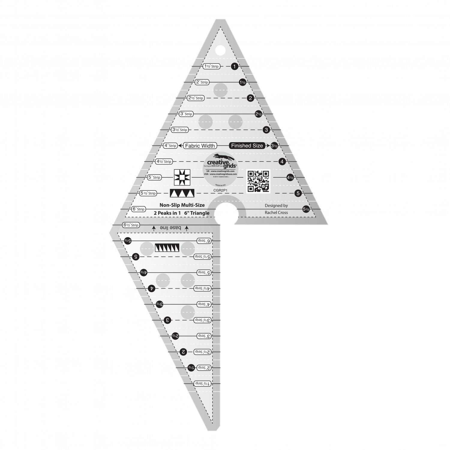 Creative Grids 2 Peaks in 1 Triangle Quilt Ruler with keyhole cut-out and measurement markings for fabric cutting