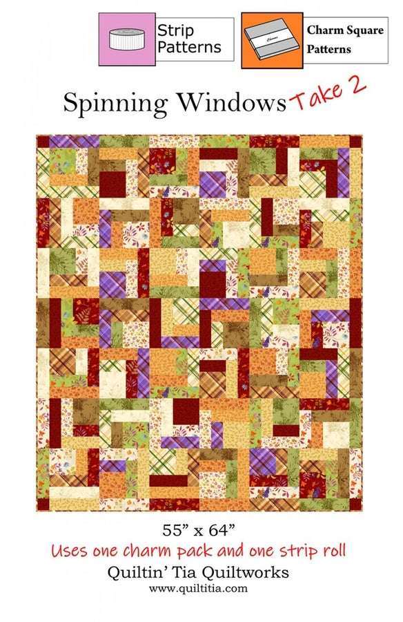 Spinning Windows quilt pattern with autumn colors using one charm pack and one strip roll measuring 55 by 64 inches