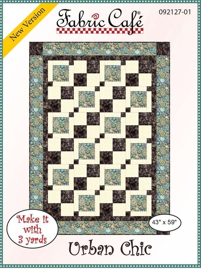 Urban Chic Pattern quilt design by Fabric Cafe with floral and geometric elements in blue and brown tones, 43x59 inches.