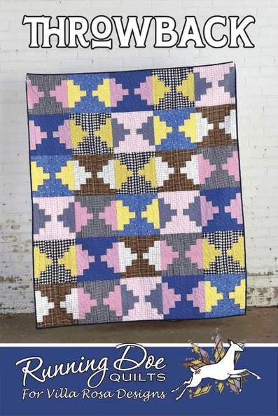 Throwback quilt pattern by Villa Rosa Designs with pastel and brown geometric blocks, 51.5 x 63 inches, fat-quarter friendly