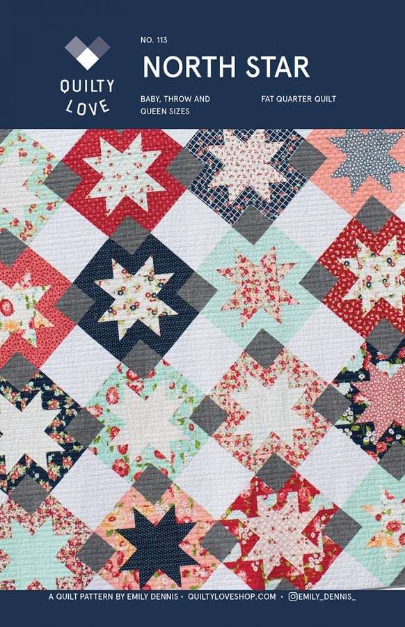 North Star Quilt Pattern sawtooth star design with colorful fabric squares in baby, throw, and queen sizes
